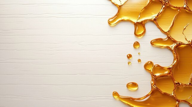 Golden Liquid Splashes on White Wood Background Abstract Honey Oil or Serum Texture