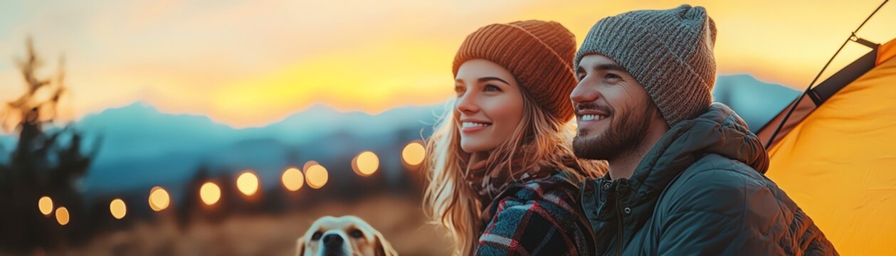 A couple enjoying a beautiful sunset while camping, surrounded by nature and their dog, creating memories together.