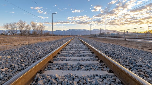 Railway tracks stretch toward distant mountains under a cloudy sky during a warm sunset.