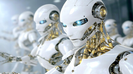 Group of Futuristic White Robots with Glowing Blue Eyes Standing in Formation Sci-Fi Concept.