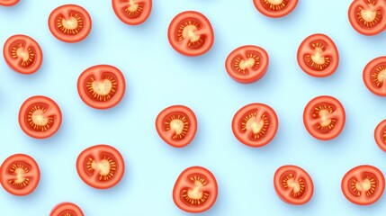 Array of Fresh Sliced Tomatoes on a Light Blue Background Creating a Colorful Culinary Pattern
