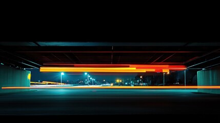 Nighttime Urban Scene with Long Exposure Traffic Lights Under Overpass in a City