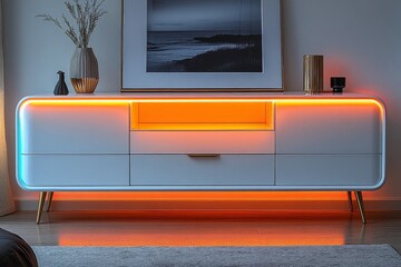 White Sideboard with Six Drawers and Gold Legs Featuring Colorful LED Lights Inside, Set Against a White Wall and Gray Carpet in a Modern Living Room. Topped with an Art Frame for Added Decor.