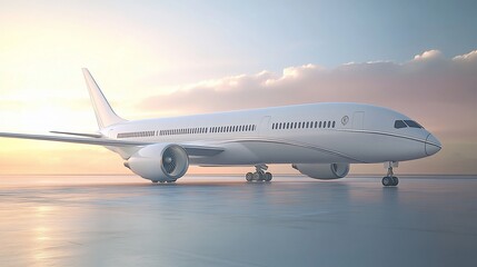 Fototapeta premium White passenger airplane on runway at sunrise.