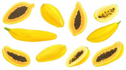 Variety of Fresh Yellow Papaya Slices Displayed with Exposed Black Seeds on White Background
