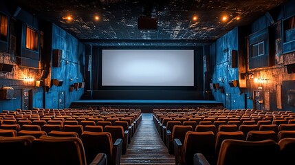 Naklejka premium blue cinema hall with white blank screen,empty seats concept of movie theater entertainment,leisure