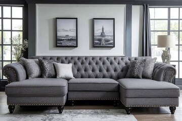 Dark Gray Linen Fabric Sofa Set with Stud Trim and Left-Arm Chaise, Featuring a Right-Hand Built-In Footstool. 