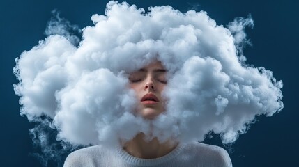 Fototapeta premium Young woman with a cloud over her head surrounded by misty atmosphere and dreamy environment