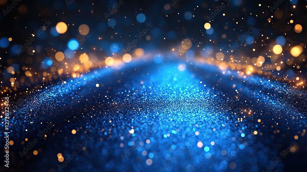 Poster blue glowing particles on dark background with bokeh effect