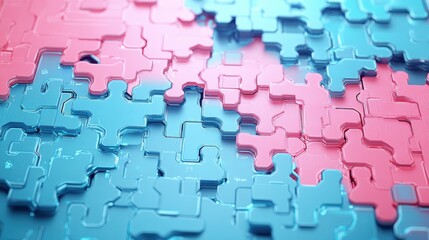 Close up of a puzzle piece on abstract blue mint and pink background with interlacing design