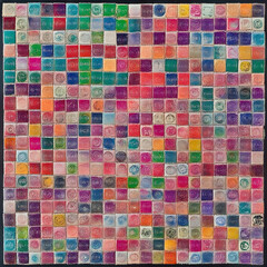 Fototapeta premium Intricate Mosaic of Rectangular Stamps Featuring Embossed Designs Arranged Harmoniously Square Grid.
