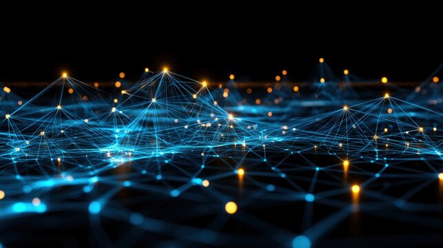 Abstract blue background with glowing lights and network connections creating a digital technology concept