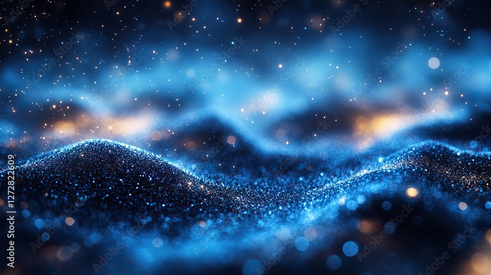 Poster blue glowing particles on dark background with bokeh effect