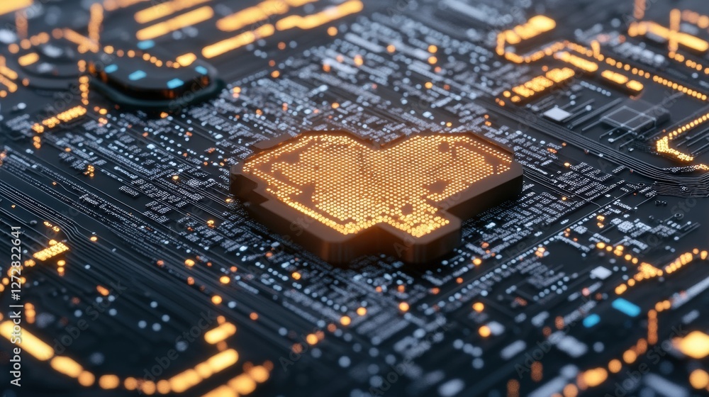 Poster heart shaped circuit board with digital wave and data patterns in a technology themed illustration