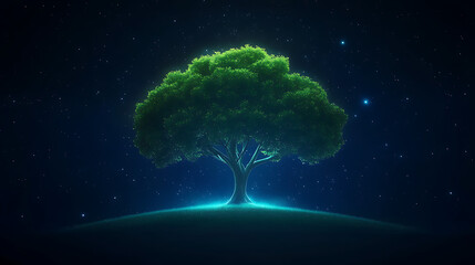 Lone Tree on Hill at Night Under Starry Sky Shining with Magical Green Light Radiating From Ground.