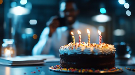 A man celebrates with a cake featuring lit candles, capturing a joyful moment in a dimly lit atmosphere.