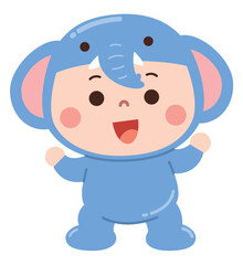 Adorable cartoon illustration of a happy baby dressed in a blue elephant costume. 