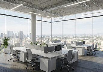 Modern Office Interior with City View, Generative AI image, Open Plan Office with Desks and Large Windows, Generative AI image