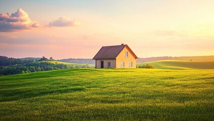 House Sits Serenely on Rolling Green Field at Sunset, Idyllic Countryside Home, Peaceful Landscape