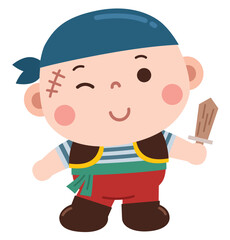 Adorable cartoon illustration of a happy baby dressed as a pirate. 