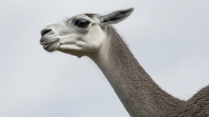 Obraz premium Close-Up Portrait of a Serene Giraffe Against a Soft Gray Sky in Natural Habitat