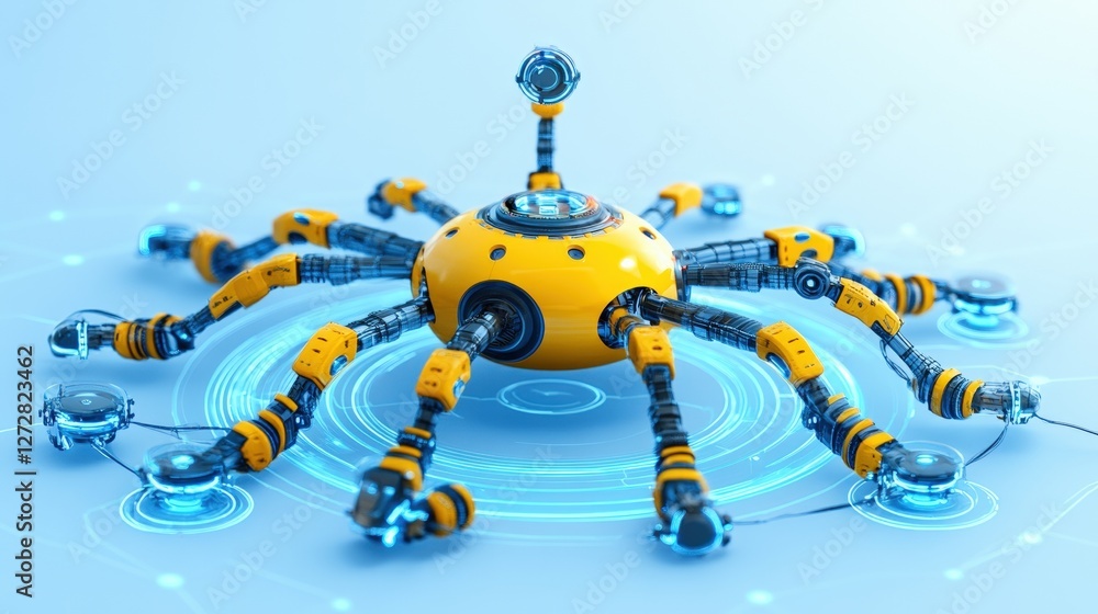 Poster yellow robot with blue circles showcasing artificial intelligence technology and futuristic design e