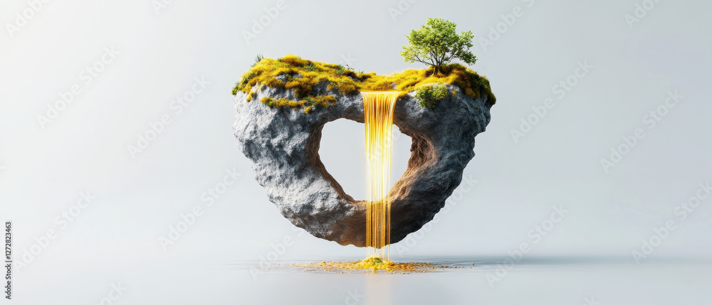 Poster whimsical floating island shaped like heart with waterfall and tree