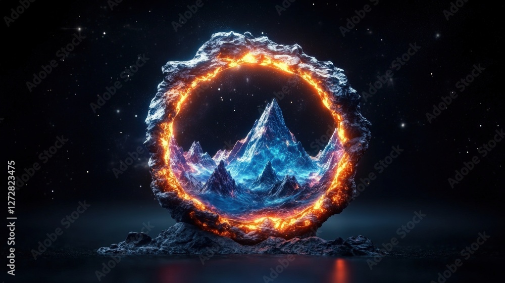 Poster cosmic space portal with a ring of fire and ice in dark outer space environment with neon lighting e