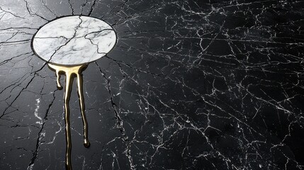 Abstract Gold Drip on Cracked Black and White Marble Surface Texture