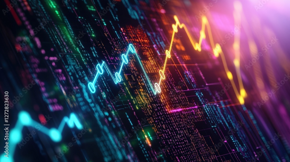 Aufkleber stock market chart with neon background and abstract data flowing through a network of connections