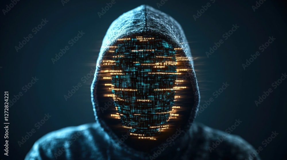 Poster man in hoodie with glowing lights representing cybercrime and hacker culture in a dark environment