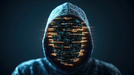 Man in hoodie with glowing lights representing cybercrime and hacker culture in a dark environment