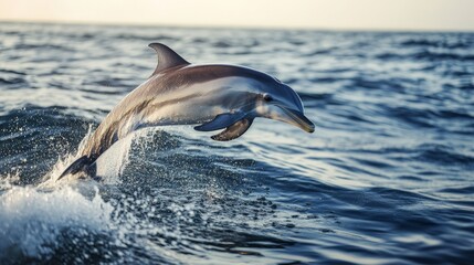 Fototapeta premium Graceful dolphin leaping over ocean waves at sunset