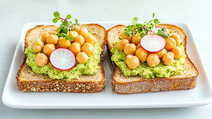 Balanced Delicious Morning Toasts Healthy avocado toast with chickpeas and radish.
