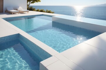 Fototapeta premium Modern infinity pool overlooking ocean, sun reflecting on water.