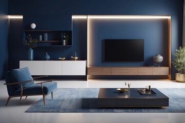 Modern living room interior with navy blue walls, wooden and white media console, blue armchair, and coffee table.