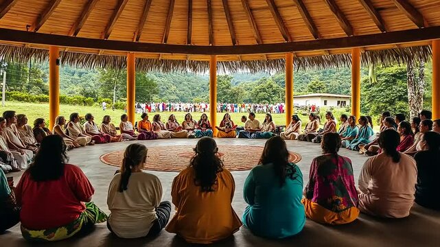 A gathering of individuals in a circular space, engaged in a communal or spiritual activity.