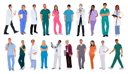 Set of smiling doctors, nurses, paramedics. Different male and female medic workers in uniform with stethoscopes. Flat cartoon vector illustration isolated on transparent background.