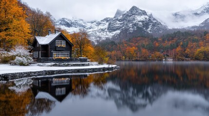 Fototapeta premium Autumn cabin by snow-covered lake in mountains