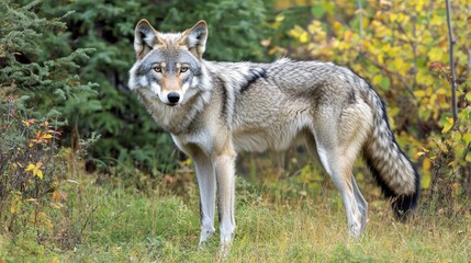 Obraz premium Gray wolf in autumn forest surrounded by lush foliage