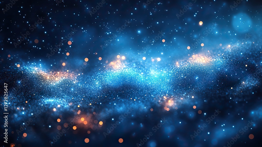 Poster bright blurred abstract blue bokeh lights on dark background creating a soft backdrop for elegant de