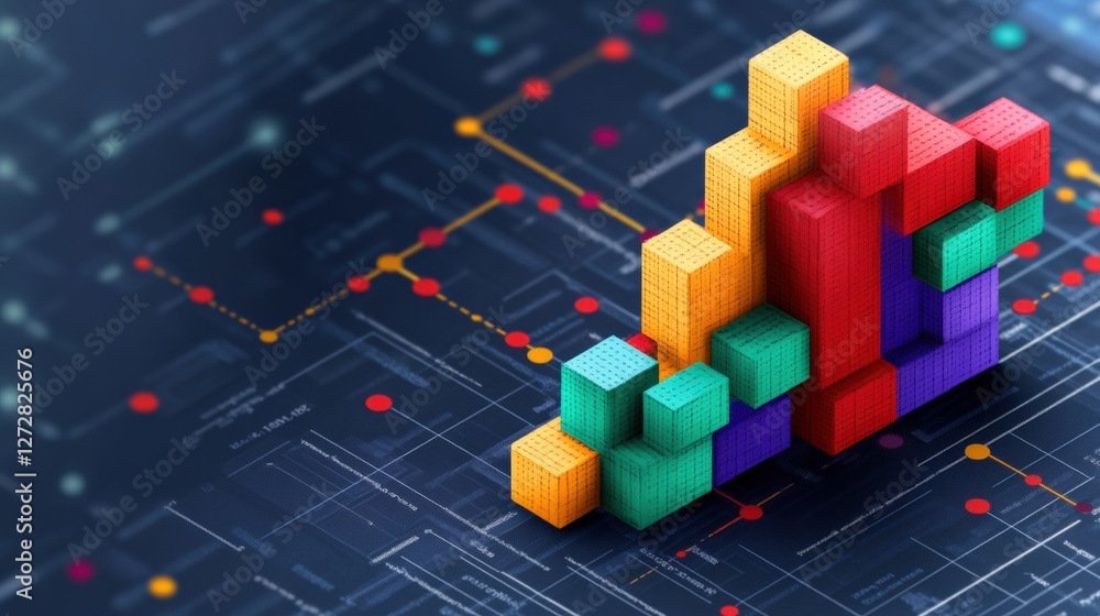 Poster colorful 3d building model on blue background with business team collaborating and problem solving