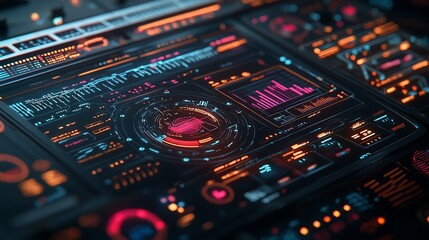 Obraz premium Futuristic digital interface dashboard with glowing holographic displays.