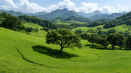 Obraz premium Rolling green hills, lone tree, mountain backdrop; nature scenery for travel brochures