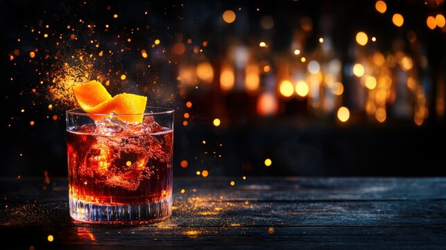 Glass of red drink with orange peel garnish on a bar counter in dimly lit environment