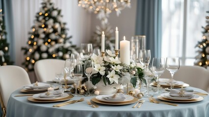 Fototapeta premium Sophisticated Christmas Table Setting with White and Gold Accents, Poinsettias, and Candlelight for a Festive Holiday Feast