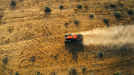 Fototapeta premium From above, farmers tend to their fields, guiding modern machinery through rich, golden terrain. Dust rises, showcasing the hard work dedicated to crop cultivation during harvest season