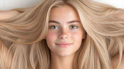 Fototapeta premium Blonde woman, long hair, beauty, skincare, studio, white background, healthy hair, advertising