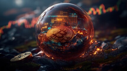 Sphere containing a bitcoin symbol representing cryptocurrency and digital finance concepts in a crystal ball