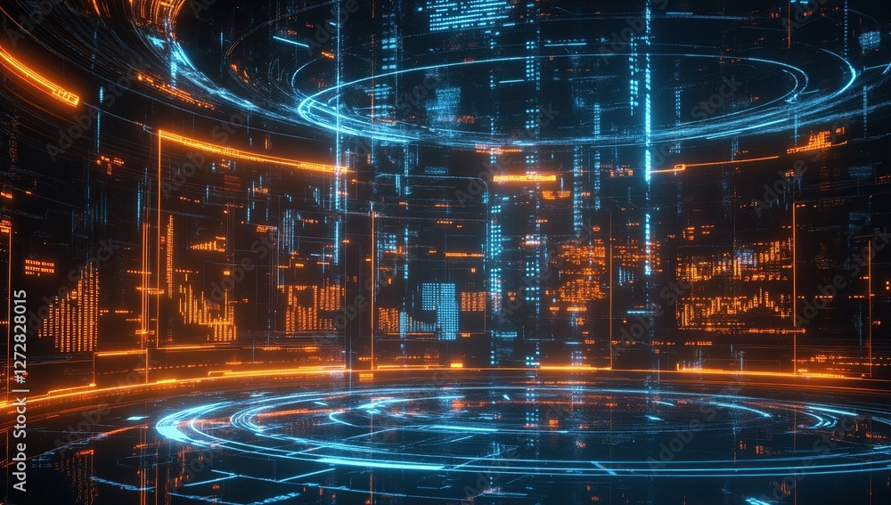 Poster digital data streams visualized: futuristic interface design with neon lights and abstract circuits,